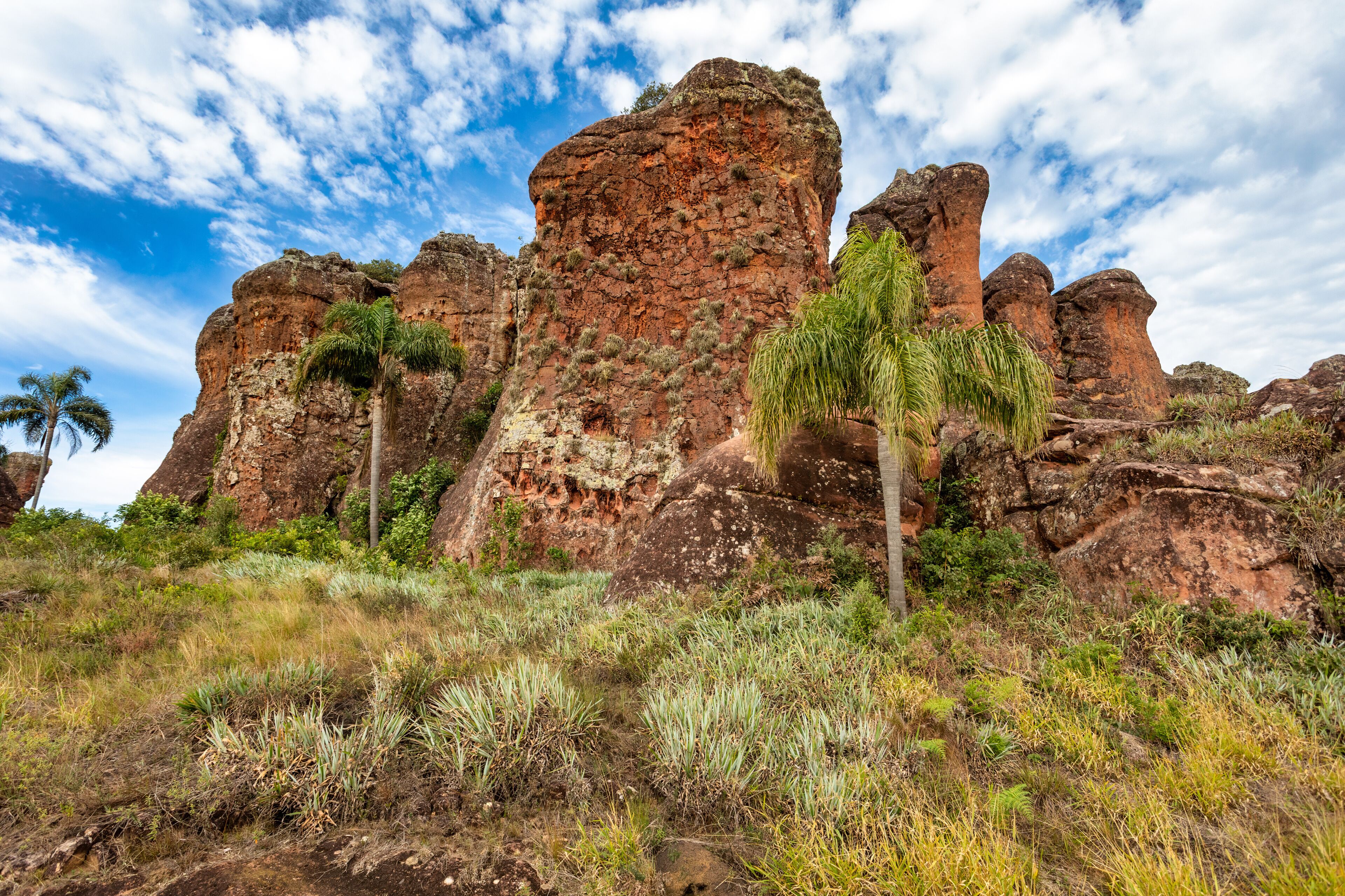 A rocky landscape with prominent red sandstone formations and sparse vegetation.