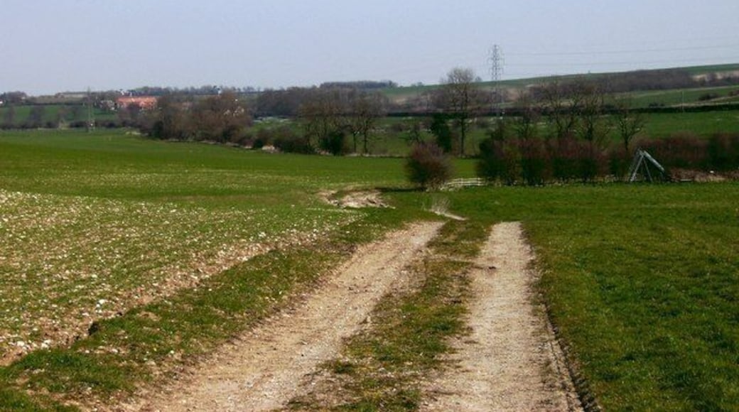 Almost there Just before the end of the path at Hatcliffe, a fairly steep climb provides this glorious view. Of interest is The Old Farm in the distance, and also the lonely children's slide in the field on the right. This was the only object of any type in that large space, and it poses the question.........why?