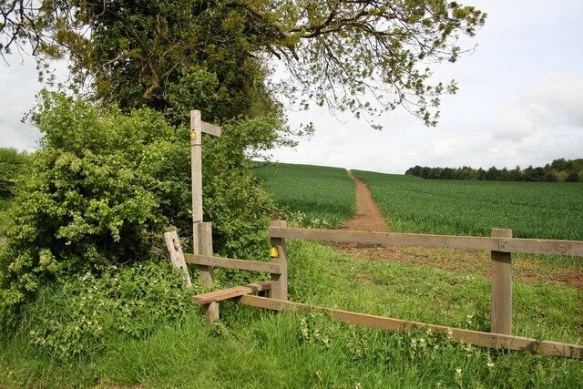 A rural landscape with a wooden gate, a dirt path, and a field.