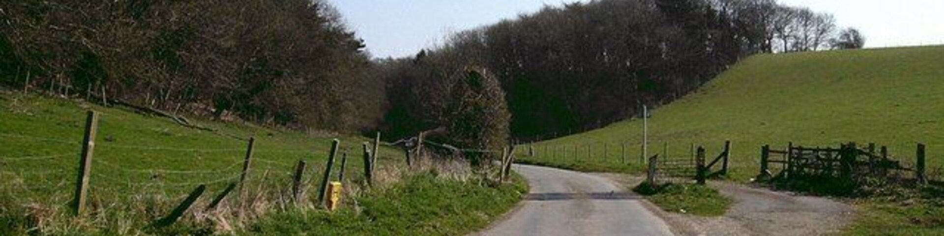 Una carretera rural bordeada por campos de hierba y una valla.