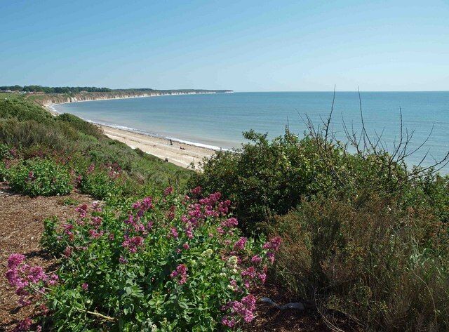 Bridlington North Bay, Bridlington, East Riding of Yorkshire, England. Looking to Flamborough from the cliffs near the car park at Lime Kiln Lane.