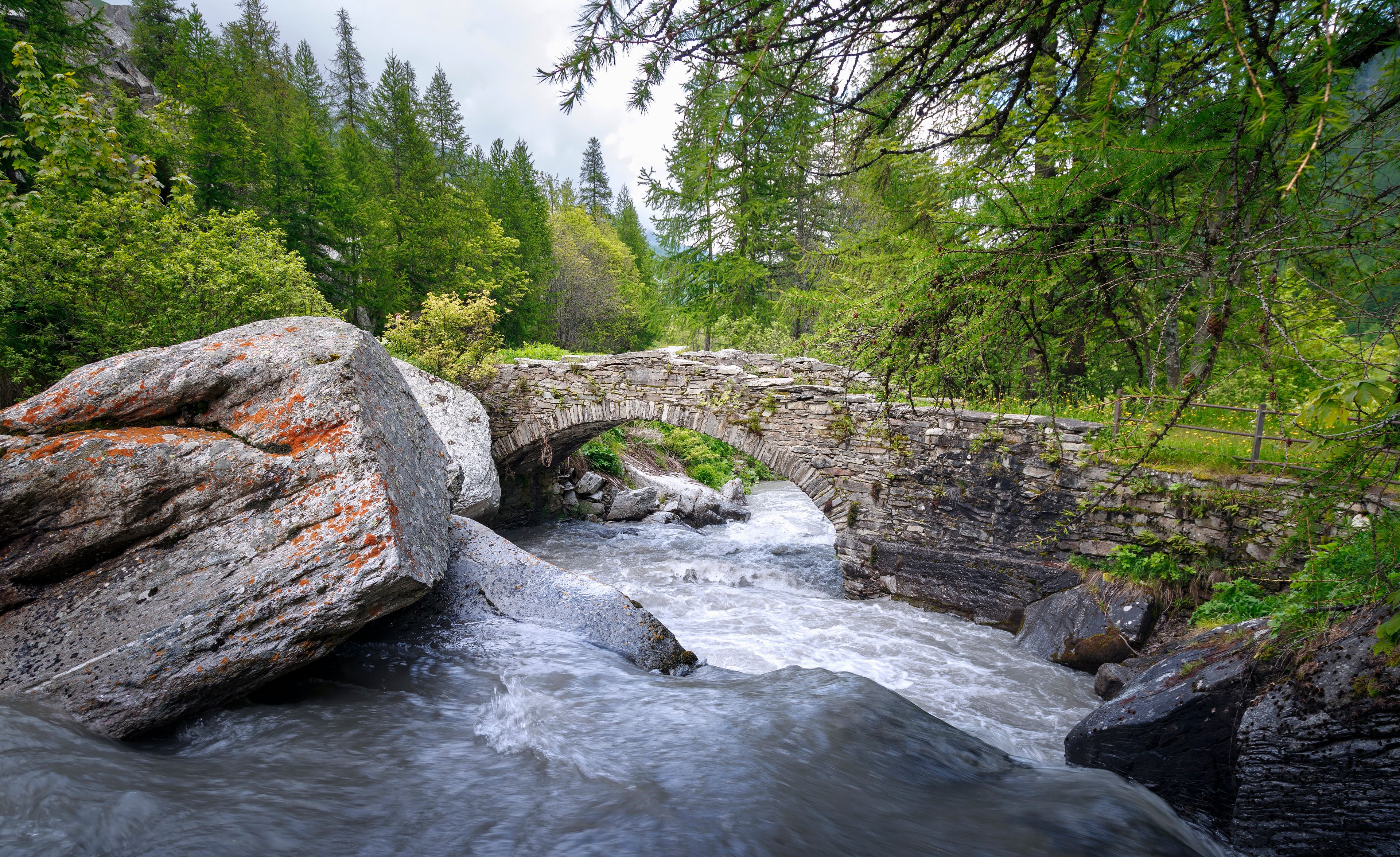 Un puente de piedra sobre un río caudaloso, rodeado de exuberante vegetación y árboles.