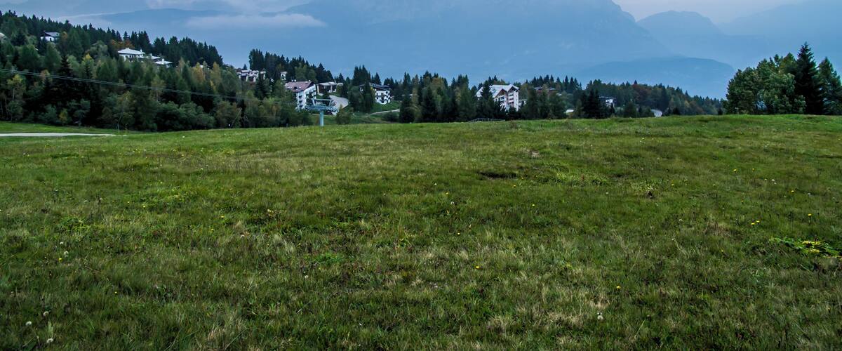 A grassy field with houses and trees, and mountains in the background.