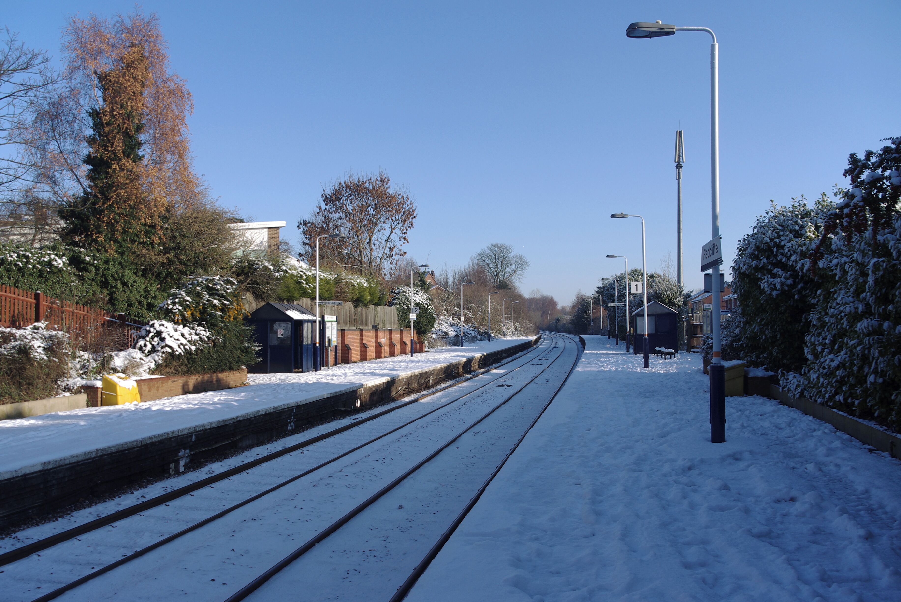 Radcliffe railway station in the snow - looking east from the westbound platform.