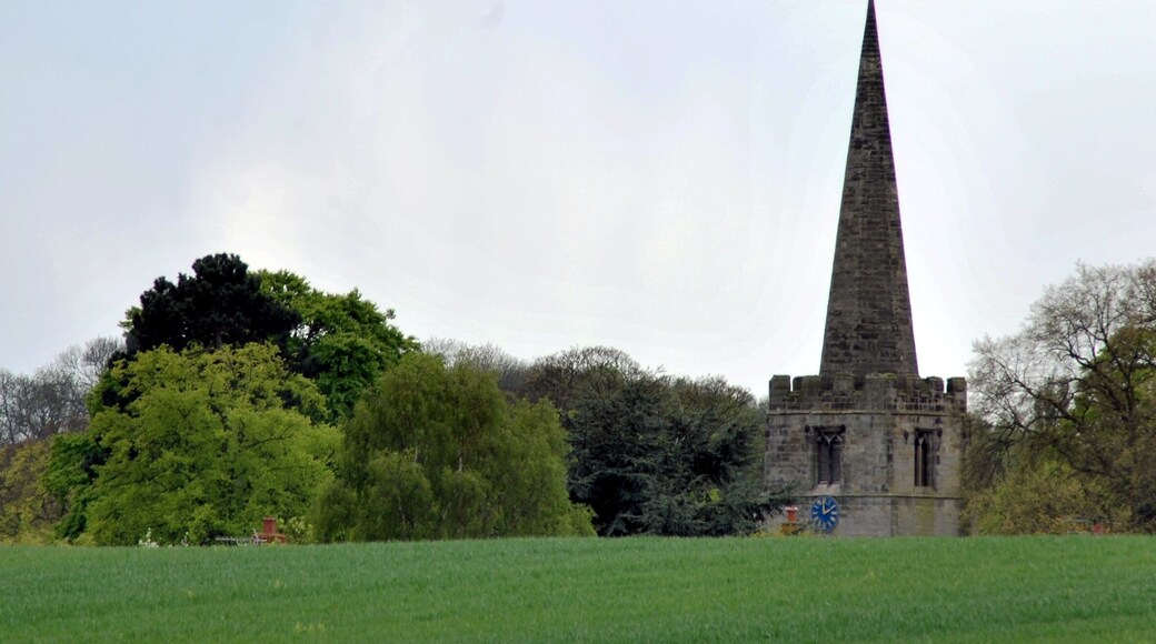View across a field near Cotgrave Country Park,Nottinghamshire, to the west tower and spire of All Saints' parish church