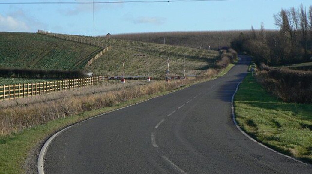 Colston Gate Looking east from near Cotgrave. The fence to the left marks the extent of land take for the new alignment of this road which will cross the improved A46 on an overbridge, without any access to it.