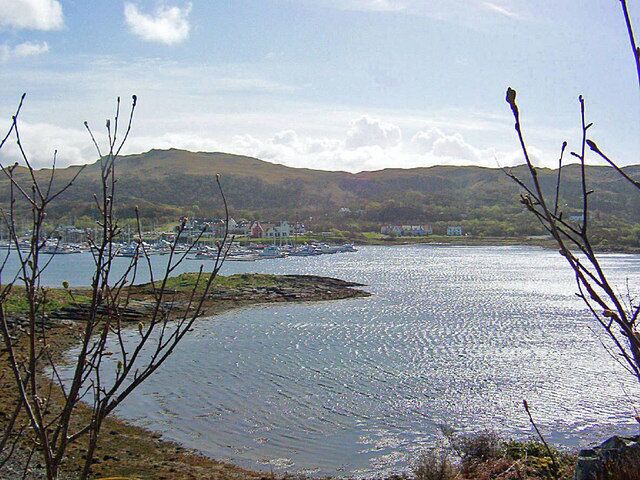 A calm lake with a shoreline, a distant town, and hills in the background.