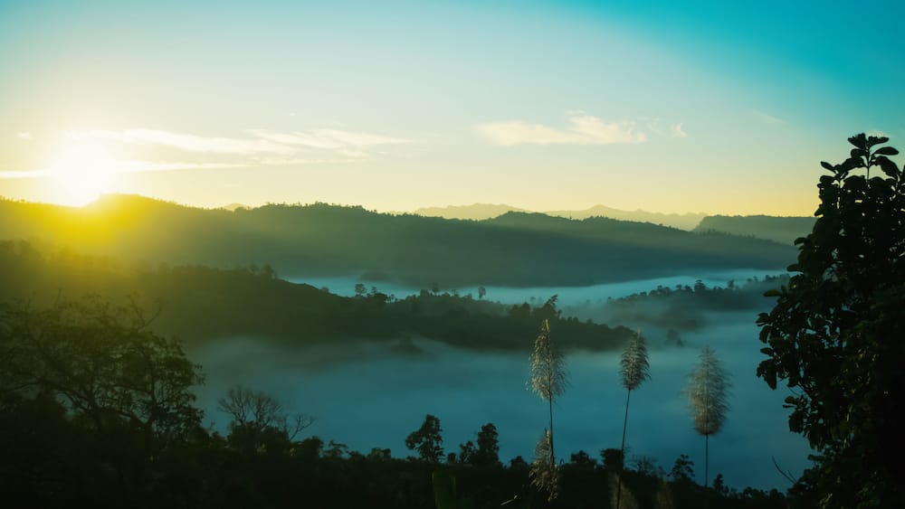 panorama of beautiful countryside of Bandarban, Bangladesh. sunny afternoon. wonderful springtime landscape in mountains. grassy field and rolling hills. rural scenery. Sajek, foggy morning sunrise