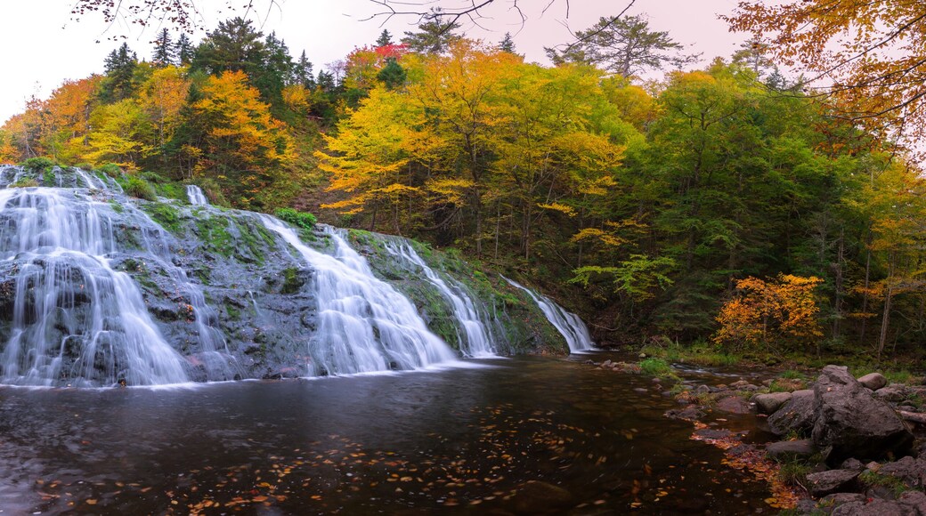 Beautiful scenery of cascading waterfalls with stunning autumn fall foliage colors. Egypt Falls, Cape Breton, Nova Scotia, Canada