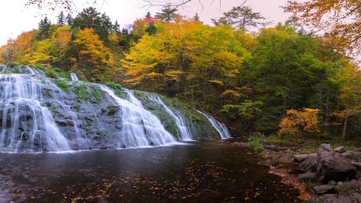 Beautiful scenery of cascading waterfalls with stunning autumn fall foliage colors. Egypt Falls, Cape Breton, Nova Scotia, Canada