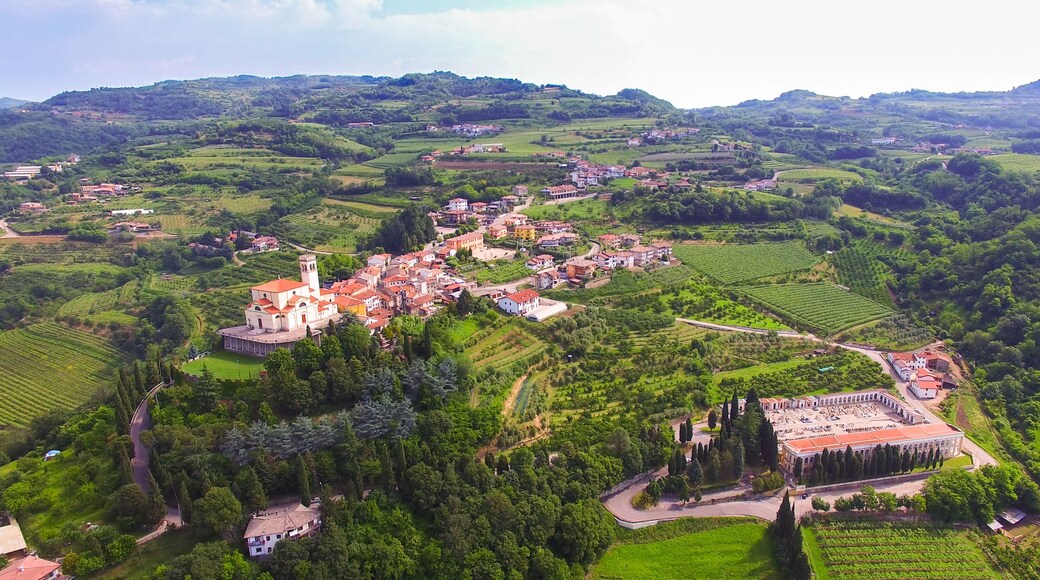 Aerial view of the center of San Giovanni Ilarione and St. Catherine's Church in Villa, Verona, Italy.