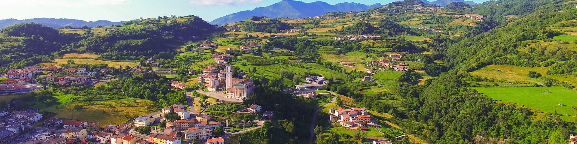 Aerial view of Vestenanova, a small town at the foot of the mountains.