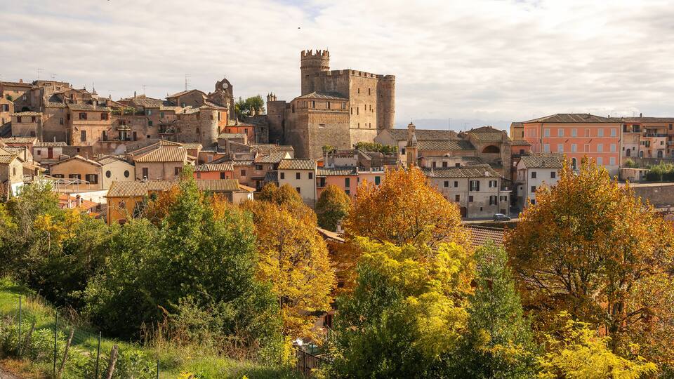 A historic town with a prominent castle, colorful buildings, and autumn foliage.