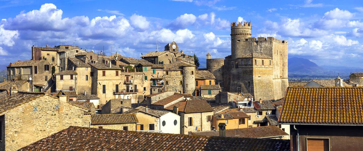 A historic town with medieval architecture, including a prominent castle and stone buildings with tiled roofs.