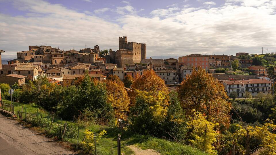 A historic town with medieval architecture, including a prominent castle, surrounded by autumn foliage.