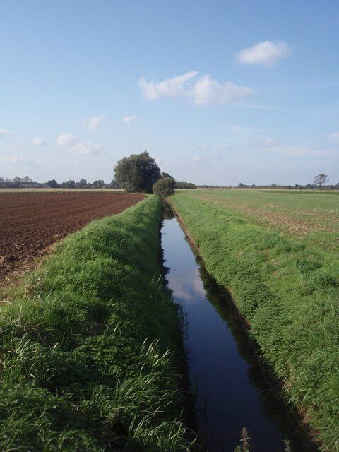 Um canal de água estreito em uma paisagem rural, com campos de ambos os lados e uma árvore ao longe.