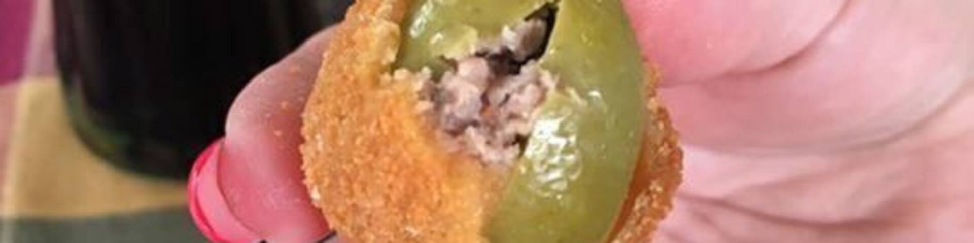 Oh my!....my tastebuds are doing the can can! Warm stuffed olives in breadcrumbs! #FoodieFinds