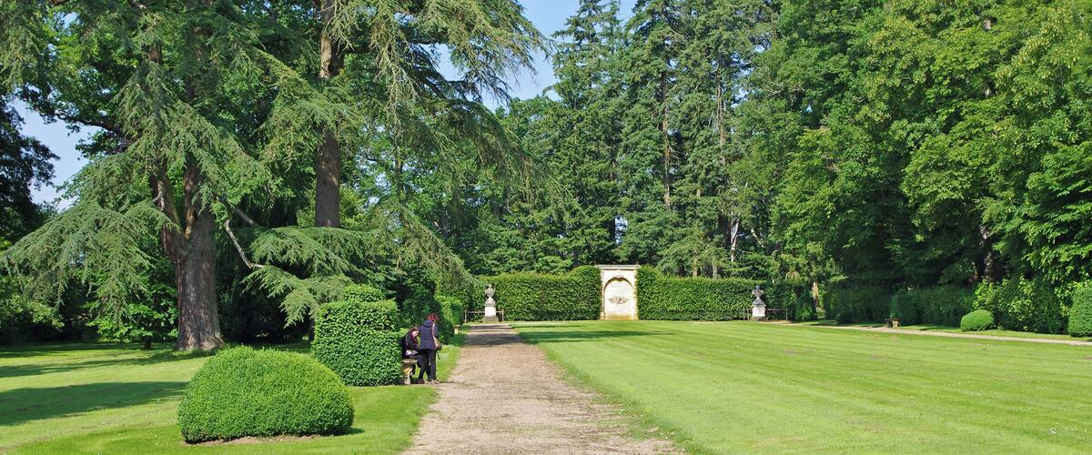 A well-maintained garden with a gravel path, neatly trimmed hedges, and tall trees.