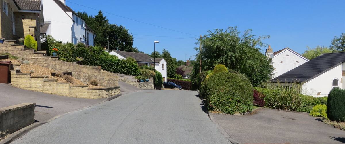 A quiet residential street lined with houses and lush greenery.