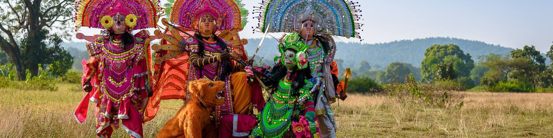 Group of Chhau Dancers as Goddess Durga with her family .