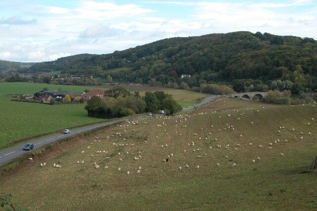 Kerne Bridge viewed from Goodrich. To the left of the road is Flanesford Priory.