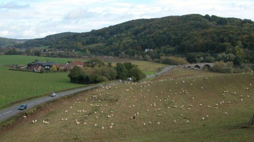 Kerne Bridge viewed from Goodrich. To the left of the road is Flanesford Priory.