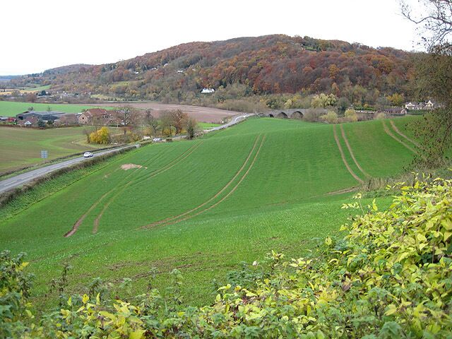A rural landscape with rolling green fields, a road, and a bridge in the distance.