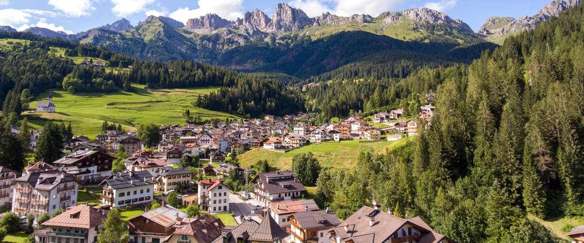 A mountain village with traditional houses, surrounded by lush green fields and dense forests, with towering peaks in the background.