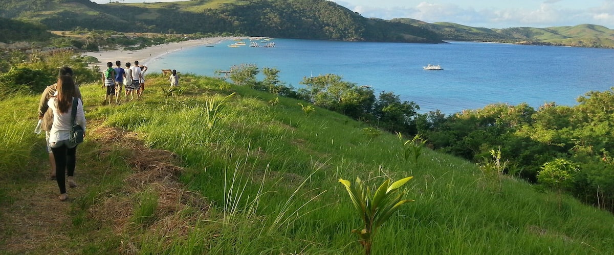 A coastal landscape with a grassy path, a beach, and a boat on the water.