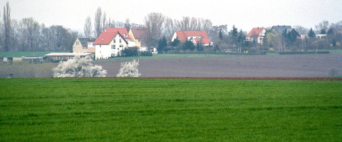 A rural landscape with houses and a large field.