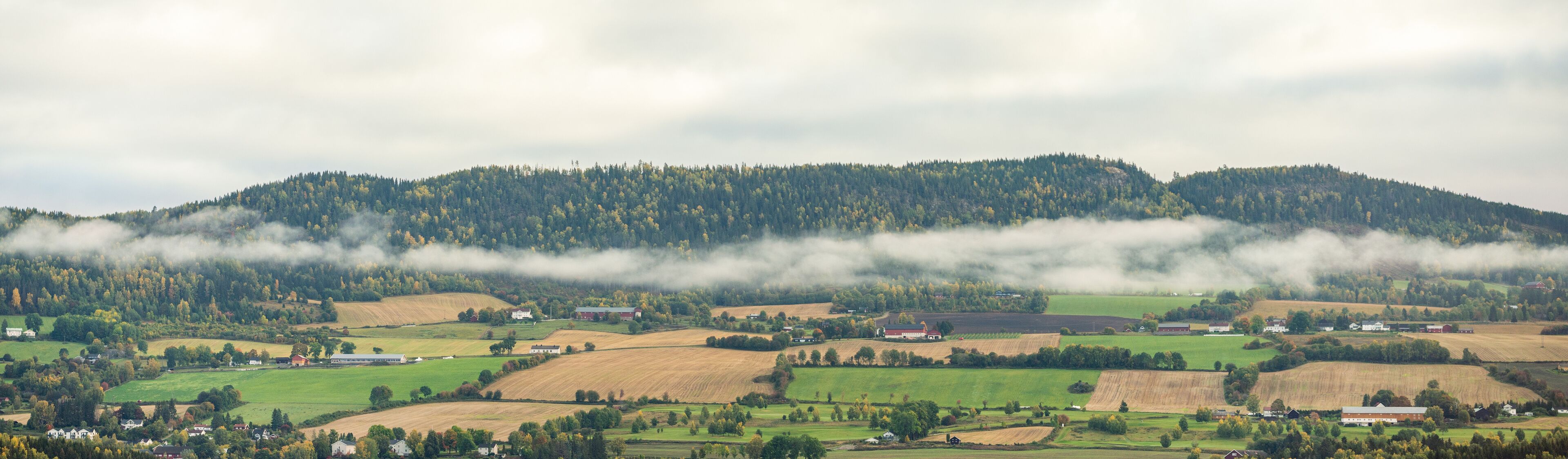 A rural landscape with rolling hills, a forested mountain, and scattered farm buildings.