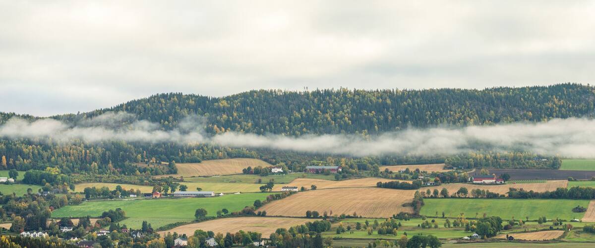 A rural landscape with rolling hills, a forested mountain, and scattered farm buildings.