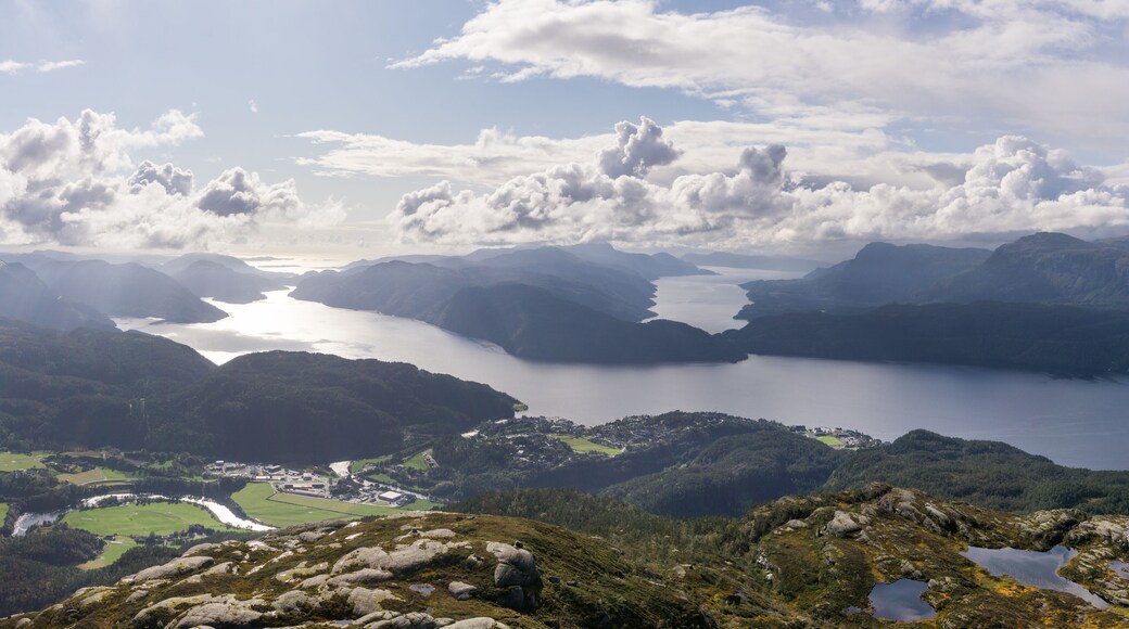 View from Hellandsnuten Mountain to town of Sand and five Fjords. Sandsfjord, Hylsfjord, Saudafjord, Vindafjord and Lovrafjord. Norway.