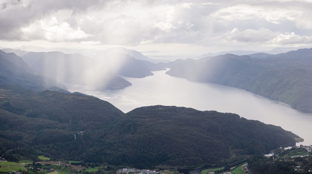 Amazing View from Hellandsnuten Mountain to town of Sand and Sandsfjord and the Ocean. Norway.