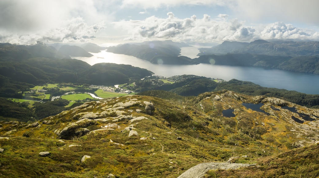 View from Hellandsnuten Mountain to town of Sand and five Fjords. Sandsfjord, Hylsfjord, Saudafjord, Vindafjord and Lovrafjord. Norway.