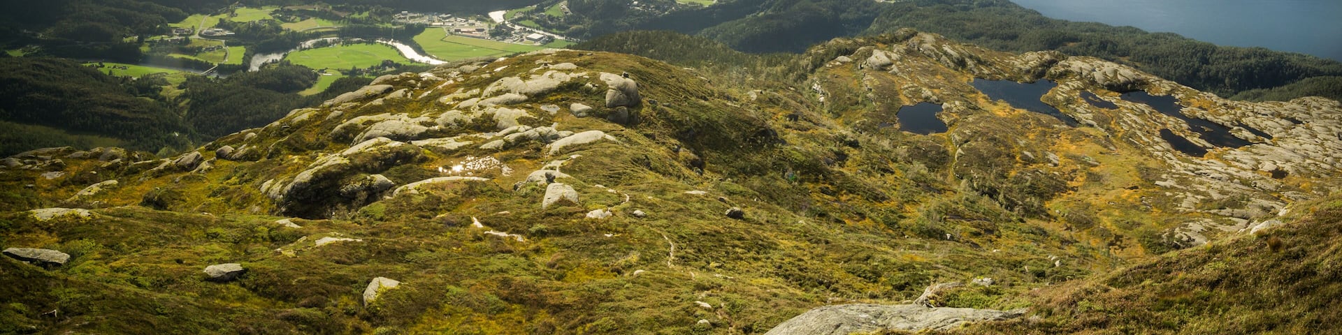 View from Hellandsnuten Mountain to town of Sand and five Fjords. Sandsfjord, Hylsfjord, Saudafjord, Vindafjord and Lovrafjord. Norway.