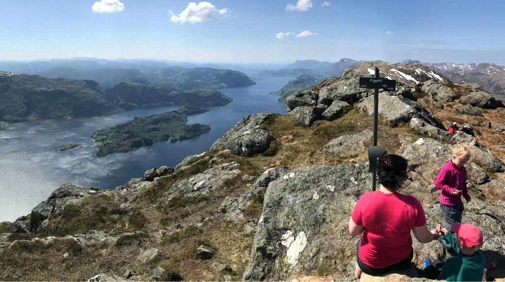 Panorama from Fløyen, Heileberget, 761 meters above sea level viewing Dalsfjorden towards the North sea.