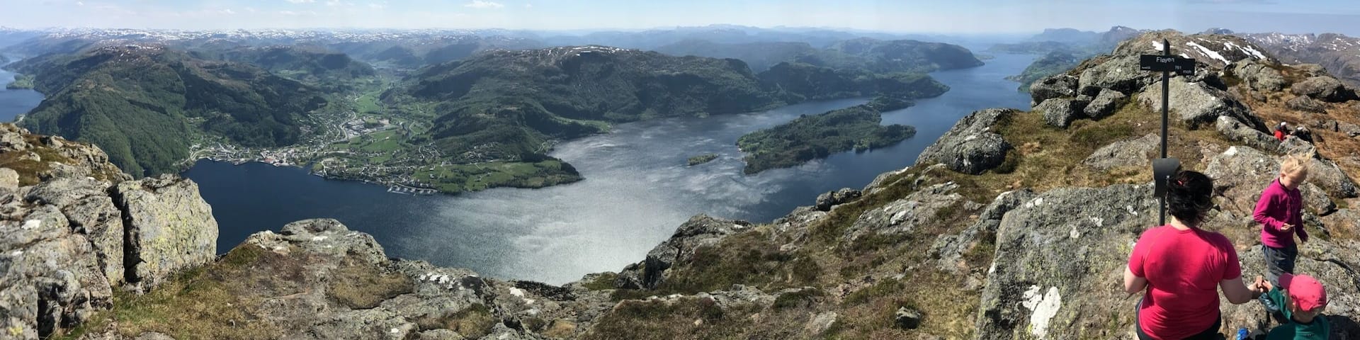 Panorama from Fløyen, Heileberget, 761 meters above sea level viewing Dalsfjorden towards the North sea.