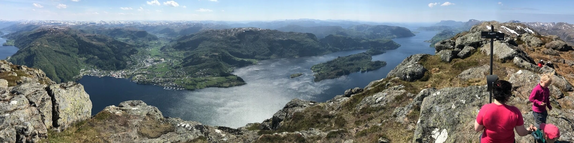 Panorama from Fløyen, Heileberget, 761 meters above sea level viewing Dalsfjorden towards the North sea.