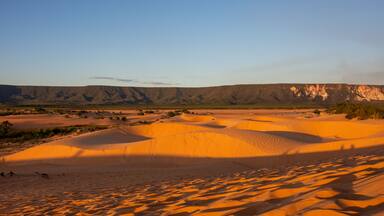 A desert landscape with sand dunes and a mountain range in the background.
