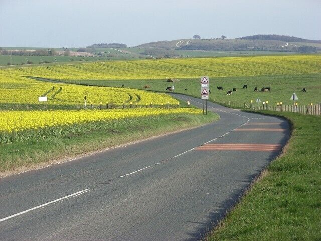 The A342, Everleigh Windmill Hill is in the distance. The road signs warn of helicopters for three miles and a tank-crossing.