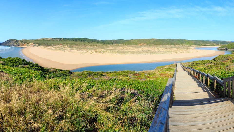 A coastal landscape with a wooden boardwalk leading to a sandy beach and a calm sea.