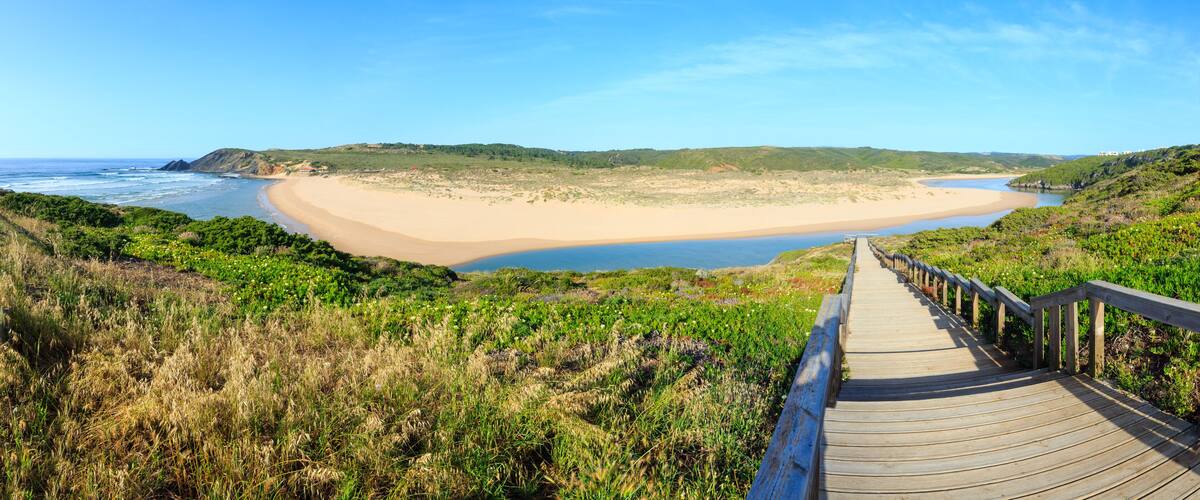 A coastal landscape with a wooden boardwalk leading to a sandy beach and a calm sea.