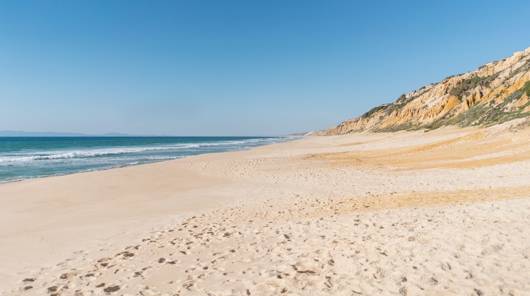 Ein sandiger Strand mit sanften Wellen und einem felsigen Felsen im Hintergrund.
