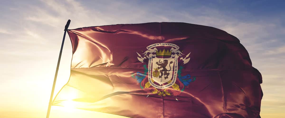 A flag with a coat of arms waving in the wind.