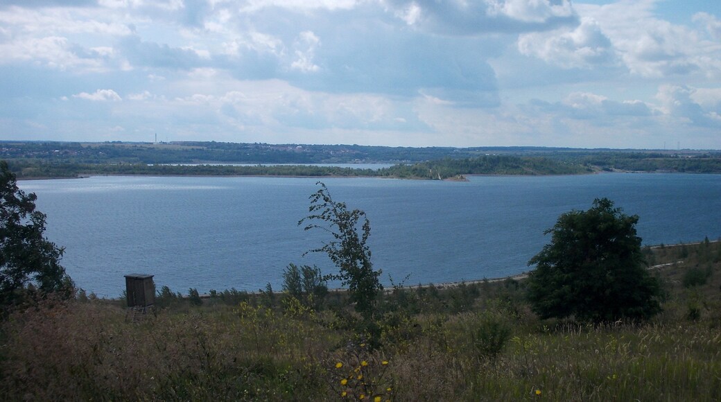 View of Geiseltal Lake (district: Saalekreis, Saxony-Anhalt) from the northern shore