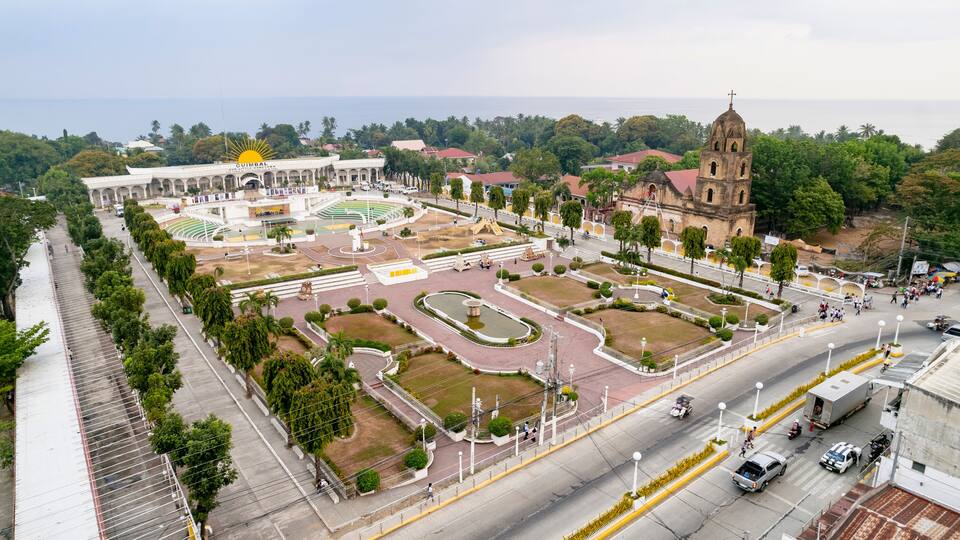 Guimbal, Iloilo, Philippines - April 2023: Aerial of Guimbal church and the town plaza.