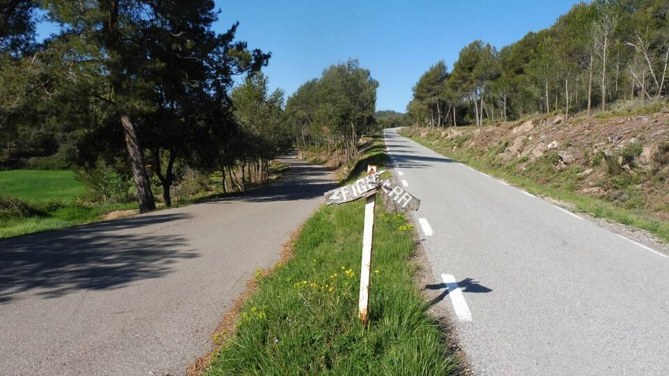 A rural road with a directional signpost and a white cross marking on the road.