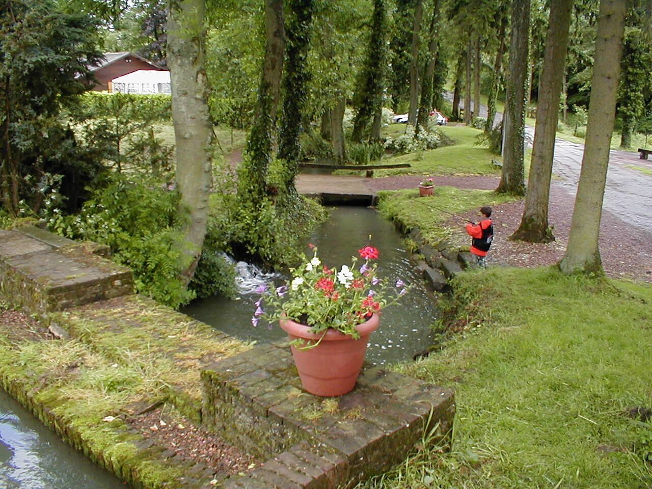 A garden with a small stream, a wooden bridge, and a person in a red jacket.