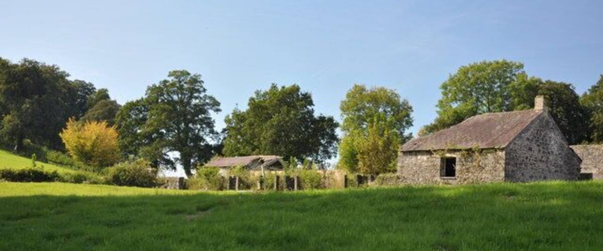 A stone house with a thatched roof in a grassy field, surrounded by trees and a clear blue sky.
